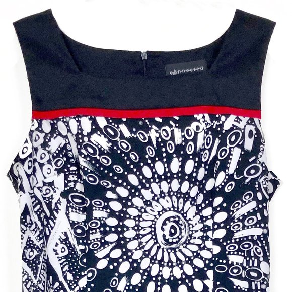 Square Neck Black & White Graphic Pattern Dress wt Red Accent - Picture 3 of 4